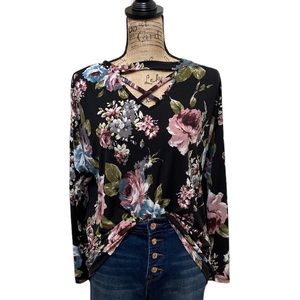 Honeyme black multicolored floral criss cross long sleeve blouse